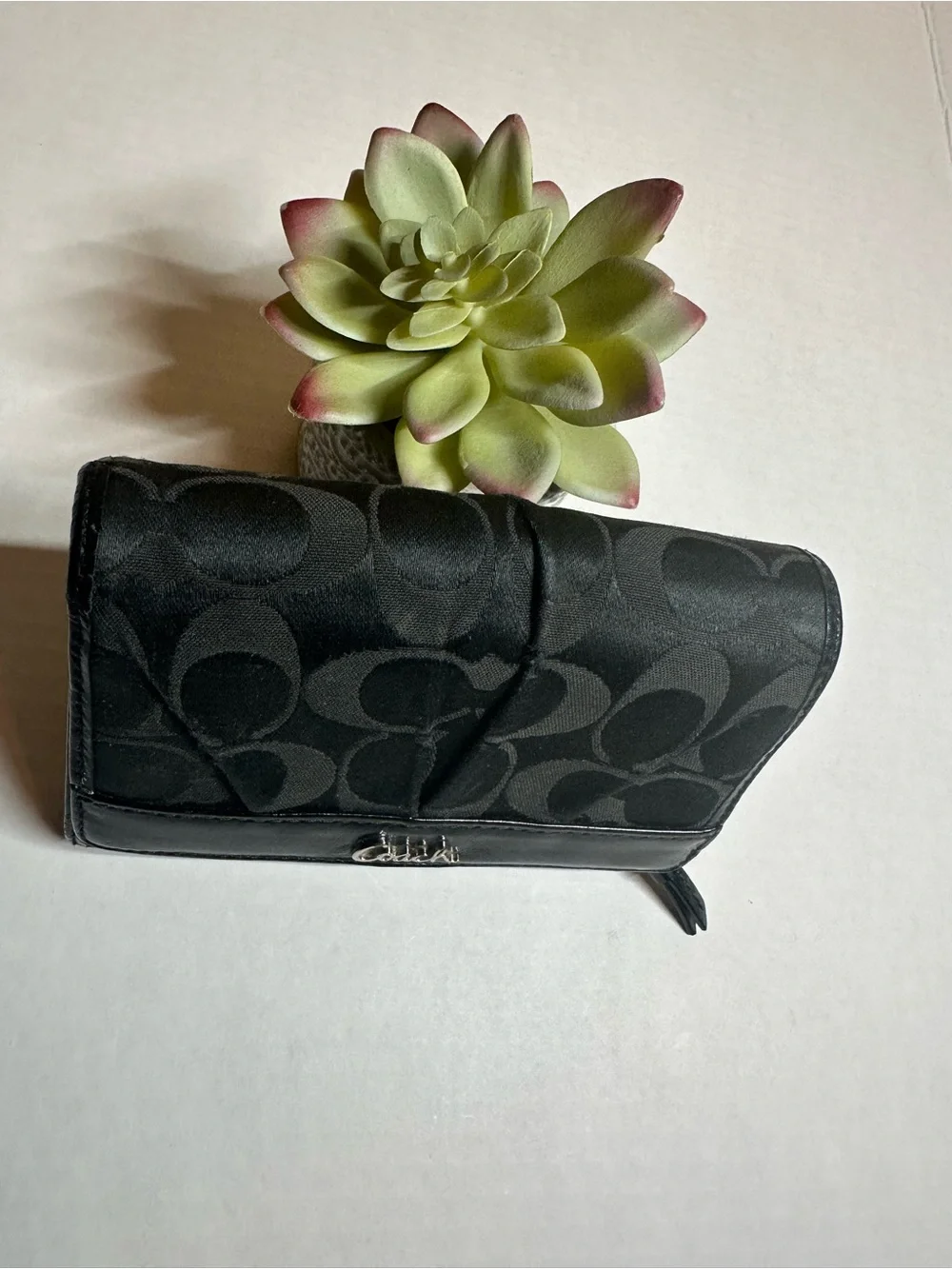 Coach Black Signature Logo Compact Wallet with Silver Logo